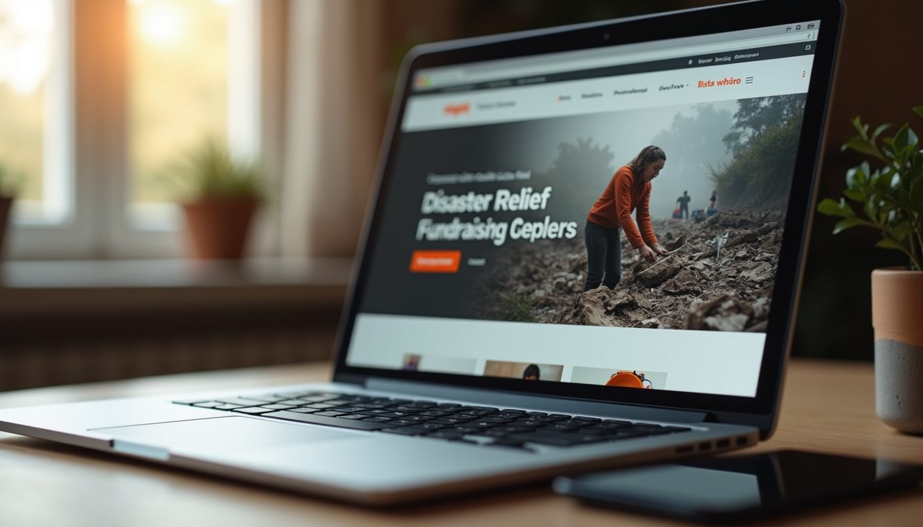 Close-up view of a laptop screen showing a disaster relief fundraising campaign page
