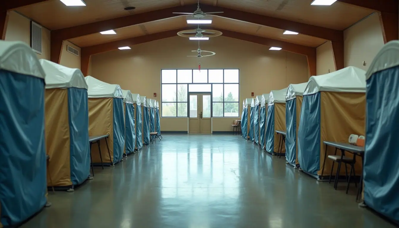 Wide angle view of a temporary disaster shelter in a community center