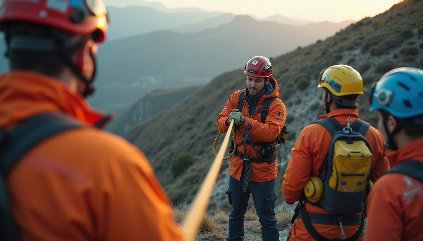 High angle view of a group of volunteers practicing rope rescue techniques outdoors