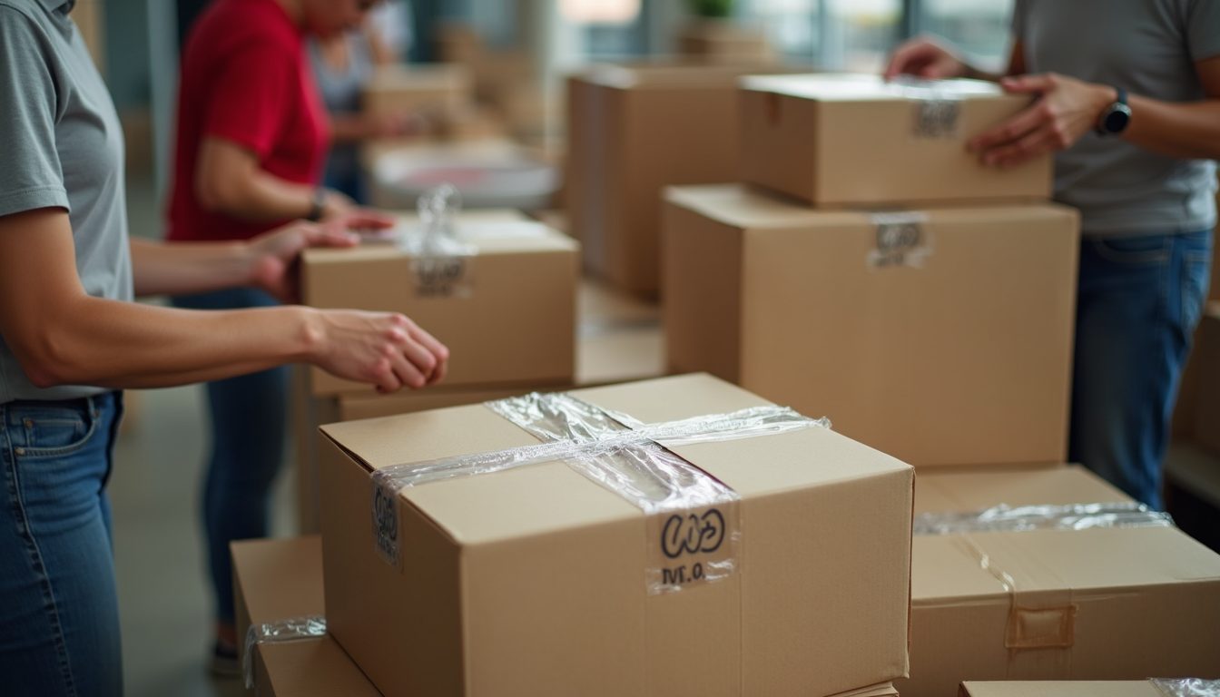 High angle view of volunteers packing relief supplies in boxes
