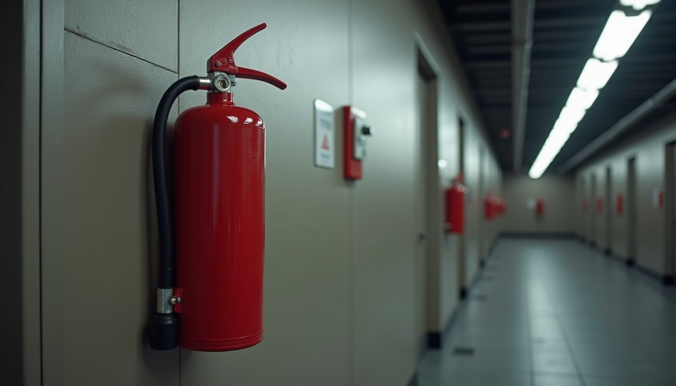 Close-up view of fire extinguisher mounted on a wall