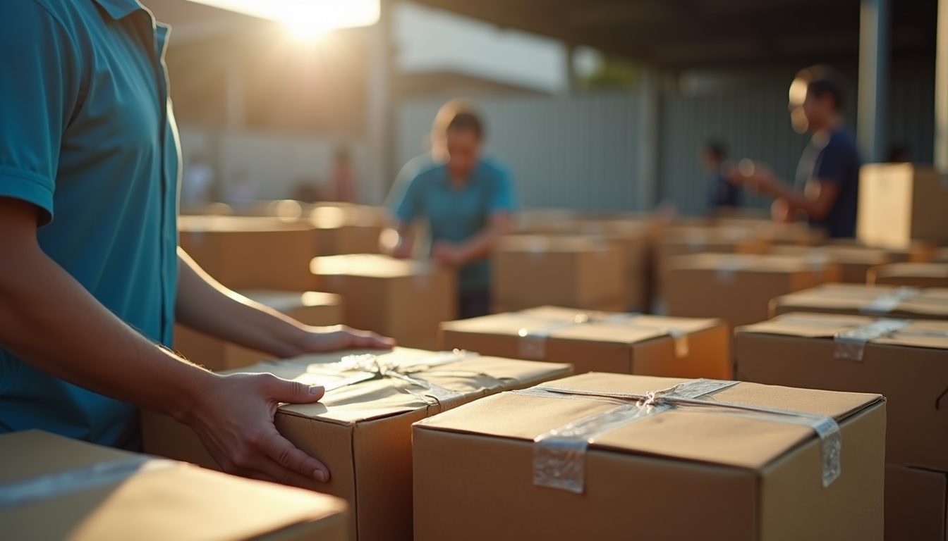 Close-up view of emergency supplies being packed for disaster relief